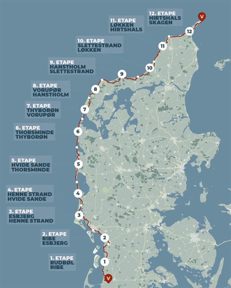 Kort over vestkystruten - Cykling langs vestkysten.